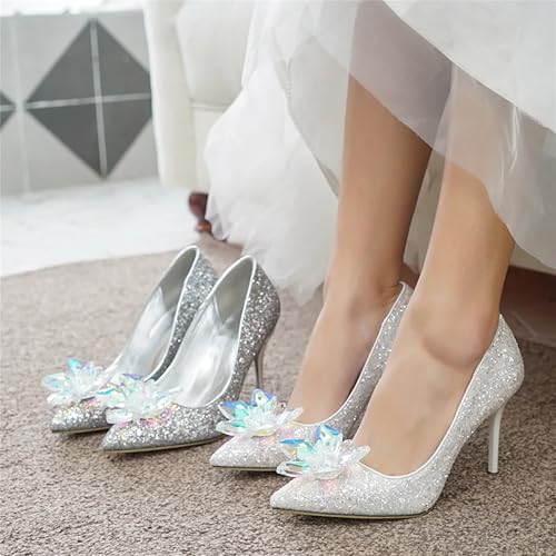 Women's Glitter Crystal White Dress Shoes Pointed Closed Toe Slip On Silver Heels 2.76 in Office Business Casual Pumps3
