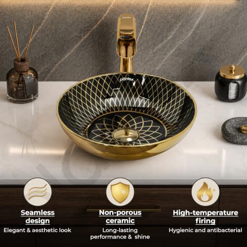 Image of Plantex Table Top Wash Basin For Bathroom /Designer Ceramic Basin /Countertop Vessel Sink Basin - Indo-European Collection (16 x 16 x 5 Inch)