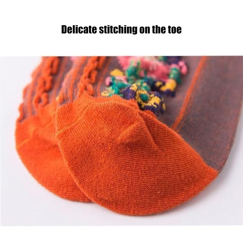 Vintage Embroidered Floral Socks, 4 Pairs Frilly Floral Combed Cotton Crew Socks, Warm Personality for Autumn and Winter3