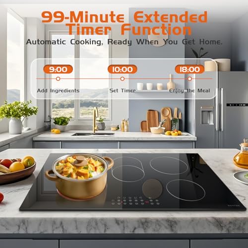 Image of Noxton 36 Inch Electric Cooktop 5 Burner Electric Stove Top, Built-in Radiant Ceramic Cooktop with Extended Zone, Sensor Touch Control, Child Safety Lock, Timer, Pause, 8400W 240V Hard Wire