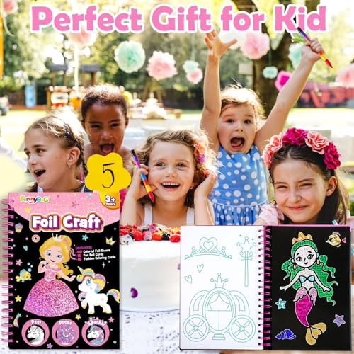 Foil Art Craft Activity for Kids: Fun DIY Toy Sticker Kit, No Mess Creative Travel Supply Set, Idea Birthday Easter Basket Stuffers Valentines Gift for Girl Boy Toddler 4 5 6 7 8 9 Year Old (Princess) - Thumbnail 7