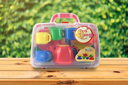 Vinsani 15 Piece Colourful Plastic Tea Party Set Includes Teapot, Jug, Sugar Bowl, Saucers & Spoons with Portable Carry Case for Boys Girls Pretend Play Age 3 Years