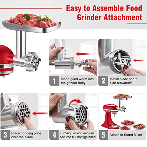 Metal Food Grinder Attachment For Kitchenaid Stand Mixers, G-Ting Meat Grinder Attachment Included 2 Sausage Stuffer Tubes, 3 Grinding Blades, 3 Grinding Plates #TOP1