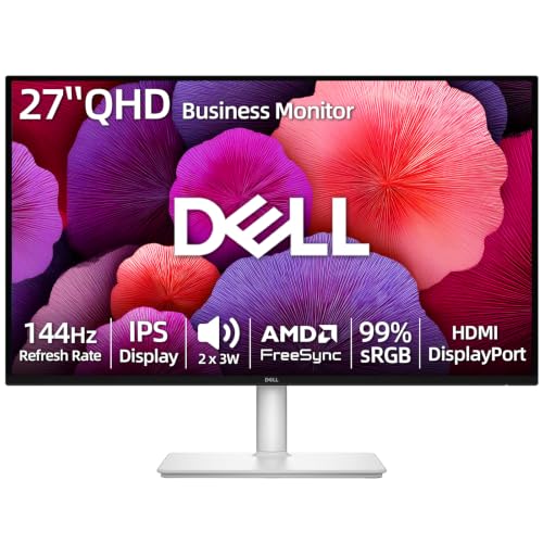 Image of Dell 27 inch QHD Business Monitor, 144Hz 1ms IPS Display, Built-in Dual 3W Speakers, AMD FreeSync, 99% sRGB, HDMI & DisplayPort, Fully Adjustable Stand (Height, Tilt, Swivel, Pivot), Ash White