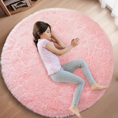 Skyweaver Pink Round Fluffy Rug for Bedroom, 5ft Circle Furry Car...