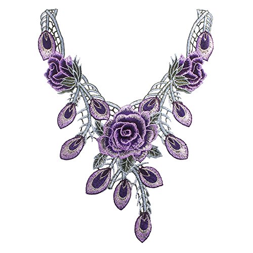 1piece Peacock 3D Flower Bridal Applique Lace Fabric Embroidery Cord Neck Collar Clothes Decoarted Sewing Supplies (Purple) — image 1