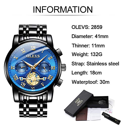 Olevs Men’s Watch Quality Analog Quartz Stainless Steel Waterproof Chronograph Luminous Business Casual Black Band Blue Dial Luxury Dress Big Face Wrist Watches #TOP5