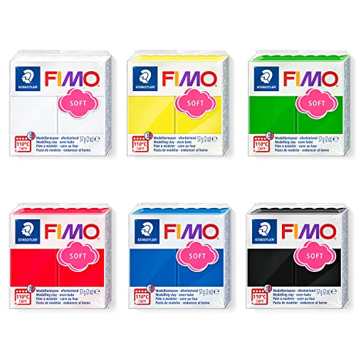 Staedtler FIMO Soft Modelliermasse, 6 Blöcke in Basis-Farben zu je 57 g, weiche, ofenhärtende Knete für Einsteiger und Hobbykünstler zum Modellieren von Schmuck- und Deko-Accessoires