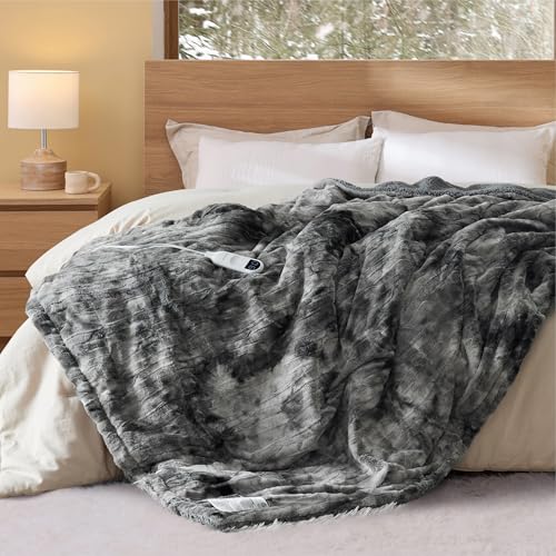 Image of Bedsure Faux Fur Heated Blanket Full Size, Fast Heating Electric Blanket Full Size with 6 Heating Levels & 10 Time Settings, Cozy Gifts for Women Men (72x84 inches, Grey)
