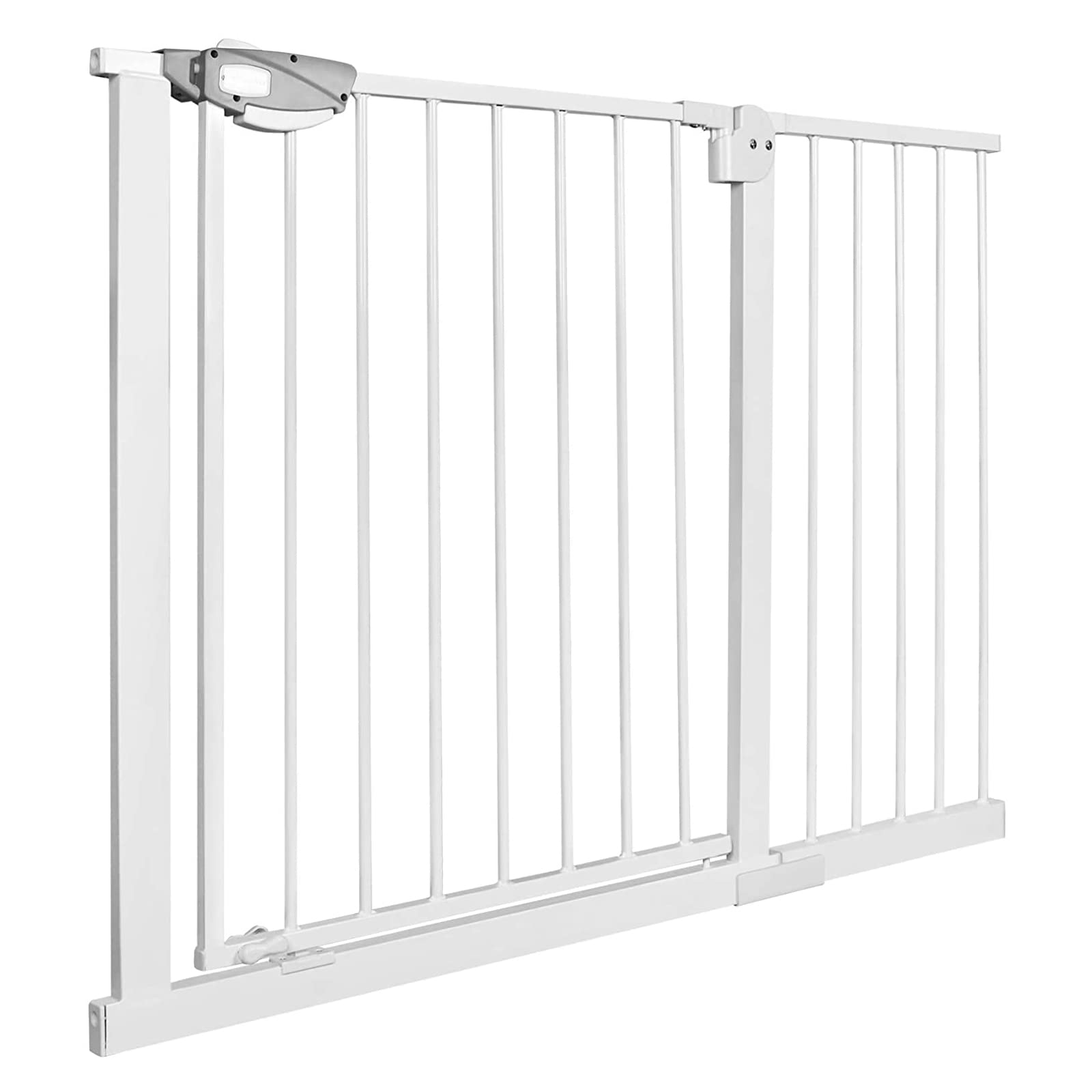 XMTECH Rejilla de protección para puerta sin taladrar, rejilla para escaleras para niños, 105 – 115 cm, cierre automático, puerta de bebé, con fijación a presión, apertura de 180°, blanco