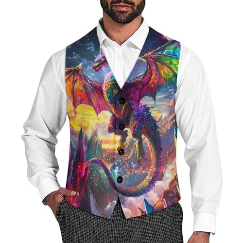 Colorful Dragon Sparkling Suit Vest for Men Slim Fit Sleeveless Jacket V Neck Business Waistcoat Button Up Dressy Top