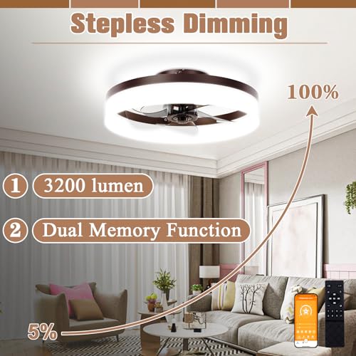 Image of VOLISUN Low Profile Ceiling Fans with Lights and Remote,15.7in Modern Ceiling Fan Flush Mount, 3000K-6500K Dimmable Bladeless LED Fan Light,Brown Fandelier Ceiling Fans with Lights for Bedroom