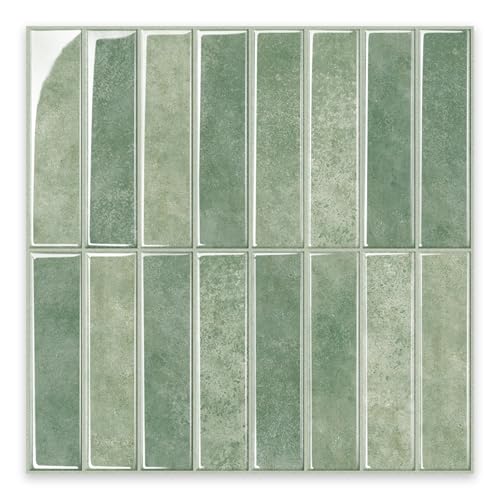 Alwayspon 10 Sheets 12inch/30.5cm 3D Vinyl Backsplash Tiles Self-Adhesive Peel and Stick Wall Tile Stickers Stick on Subway Tiles for Kitchen Bathroom Wall Sage Green