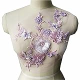 Lace Fabric 3D Flowers Appliques Beads Rhinestones Embroidery Sew Patch for DIY Wedding Decoration Dress (Pink + Purple)