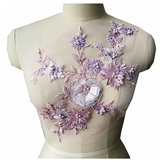 Lace Fabric 3D Flowers Appliques Beads Rhinestones Embroidery Sew Patch for DIY Wedding Decoration Dress (Pink + Purple)