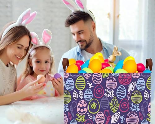 Image of Large Rectangular Easter Baskets Empty Waterproof Boy Toy Box Foldable Kid's Gifts Storage Bin Spring Room Decor(Purple Striped Egg)