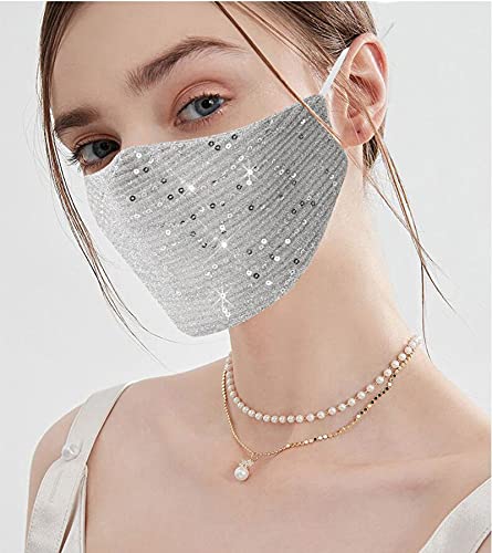 Image of Sparkly Sequins Mouth Masc Fashion Designer Glitter Cotton Face Cover With Adjustable Ear Loops Reusable Masquerade Party Nightclub Rave Festival Sequins Face Covering (Silver)