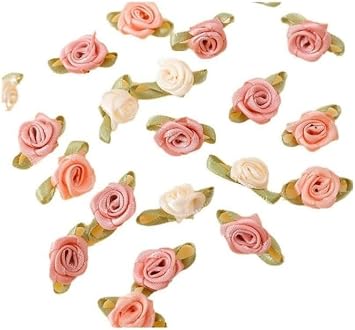 100 Pcs 15mm Multicoloured Mini Rose Flowers Satin Ribbon Bows Appliques DIY Sewing Craft Accessories Wedding Bride Gift Decoration, Fabric Ribbons