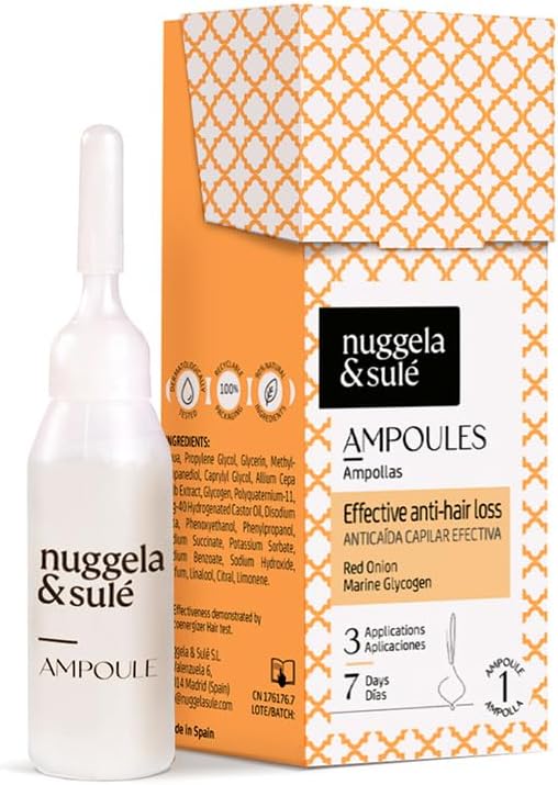 Nuggela & Sulé Effective Anti-Hair Loss Ampoule. Anti-Hair Loss Treatment. With Red Onion Extract and Caprylic Acid. Strengthens and Reduces Hair Loss. Fast-Acting. 1-Week Treatment. 1 x 10 ml