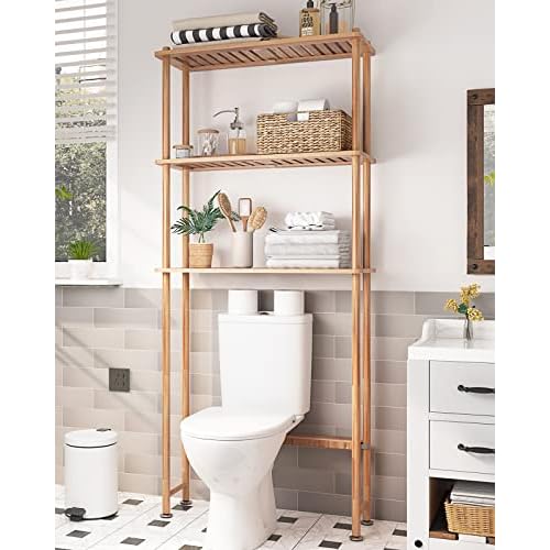 AmazerBath Over The Toilet Storage Shelf Bamboo, 3-Tier Over Toilet Organizer Rack, Freestanding Above Toilet Shelf for Bathroom, Laundry, Space Saver, Natural Color