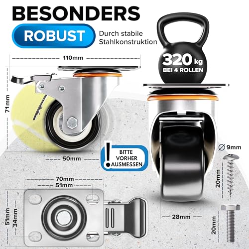 PEARWAY™ Premium Schwerlastrollen bis 320kg [4x Bremse] I Robuste Möbelrollen I Rollen für Möbel I Lenkrollen 50mm für Innen & Außen I Transportrollen Schwerlast I Rollen Schwerlast I Möbel Rollen