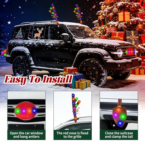 Image of Christmas Reindeer Antlers Car Decoration Kit with LED Multicolor Lights, Top & Grille Xmas Auto Decoration Rudolph Reindeer with Red Nose,Tail & Jingle Bel