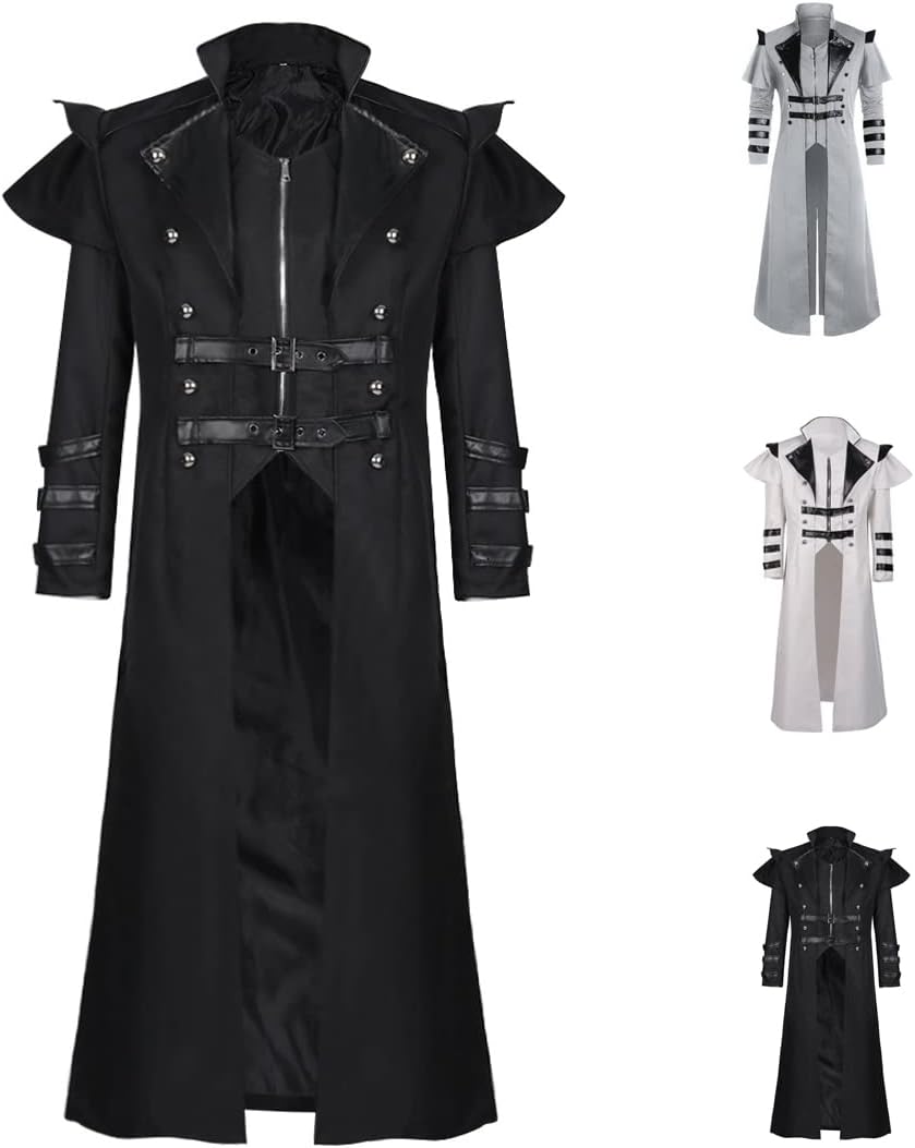 Medieval Costumes Steampunk Long Trench Coat Gothic Victorian Vintage Tailcoat Jacket Mens Double Breasted Zipper Coat
