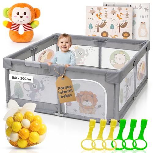Parque Infantil Bebe 180x200cm + Alfombra Bebe + 60 Bolas + Agarraderas + Bolsas de Transporte – Corralito Bebe con Malla Transpirable – Parque de Juegos Bebe – Playpen Bebe (180x200cm)