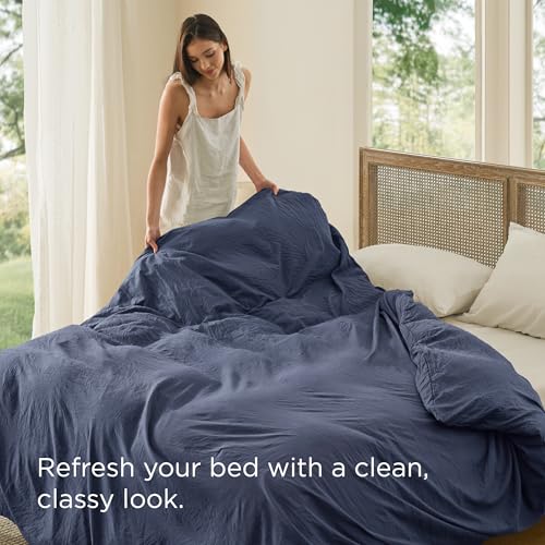 Image of Bedsure Prewashed Navy Duvet Cover King Only, Cotton-Like Feel | 1 Duvet Cover Only, No Pillow Shams, Ultra Soft, Relaxed Texture, Zipper Closure, 8 Corner Ties, Year-Round, Easy Care