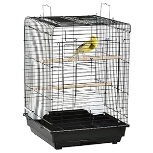 PawHut Jaula para Pájaros Jaula Metálica de Aves 40x40x59 cm con Techo Abatible 2 Perchas 2 Comederos y Bandeja Extraíble para Canarios Periquitos Negro