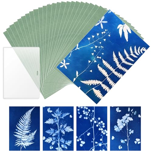 24PCS A6 Sun Print Paper Kit 5.82x4.13In/14.8x10.5CM Cyanotype Paper High Sensitive Nature Solar Print Papers with Transparent Folder for teeny Adults Arts Crafts Solar Drawing Papers DIY Projects
