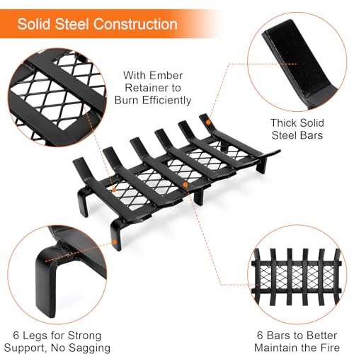 WILLOW WEAVE 17" Fireplace Grate with Ember Retainer, Wood Stove Grate Rack, Heavy Duty Solid Steel 6-Bars Firewood Holder, Non-Assembly Fire Grate for Indoor Hearth Outdoor Firepit - Matt Black