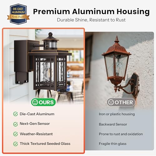 Image of Gleamz Outdoor Porch Light with Outlet, 2-Pack Front Door Motion Sensor Light, Aluminum Front Porch Lights, Oil Rubbed Bronze Gold Trim Waterproof Dusk to Dawn Outside Garage Lights for House, Balcony