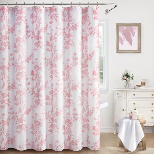 XOGUIBO Pink Floral Shower Curtain,Vintage Cotton Cottagecore Shower Curtains for...