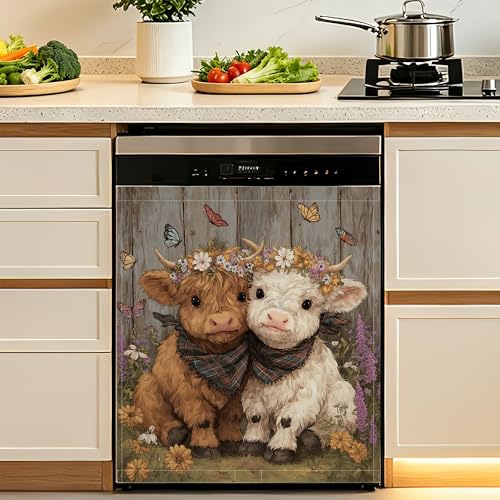 Baby Highland Cow Dishwasher Magnet Decorative Cover, Waterproof Magnetic Dishwasher Sticker Panel, Refrigerator Magnet Covers for Kitchen Home Decorative 23x26 Inch by CADITATA - Used condition - US$17.01