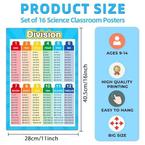 Image of EggSun 16 Pcs Kids Math Posters for School Classroom Decorations, 11 x 16in Poster Charts for Teachers Primary Middle High School Supplies Education Classroom Bulletin Board Wall Decor