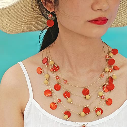 Firstmeet Firstmet Handmade Multi-Layer Round Shell Wooden Beads Necklace With Earrings (Xl-1101-Orange) #TOP2