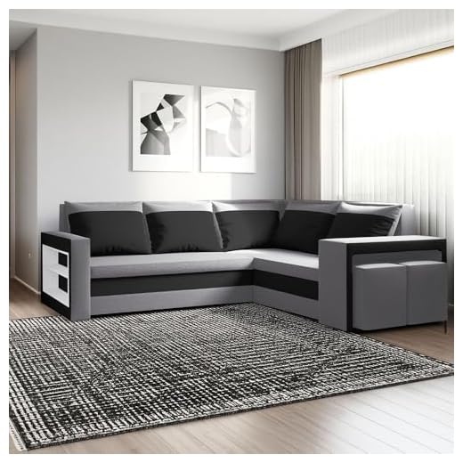 FORNIRO 24 Malabo L Ecksofa mit Schlaffunktion und Bettkasten L-Form 220x202 cm – Sofa mit 2 Hockern, Regal im Seitenteil & Stauraum (Komfort, Grau-Schwarz)