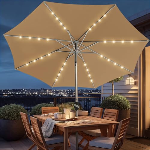 PASAMIC 9 Ft Patio Umbrella with Solar LED Lights, 5-Year Fade-Resistant Aluminum Outdoor Table Umbrella with Tilt Adjustment and Crank for Pool, Deck, Garden and Lawn