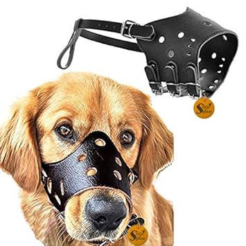 Sage Square Adjustable Strap Leather Muzzle with Breathable, DRINKABLE Holes Cum Mouth Cover Cum Pet Safety Collar for Dog, Puppy, Cat (Black) (XL)
