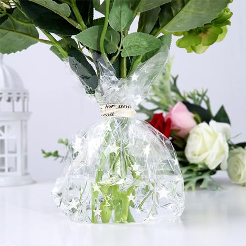 Klare Zellophanfolie, bedruckt mit Stern, 80 cm x 30 m, gefaltete Geschenkverpackung, Zellophanrolle für Körbe, Geburtstage, Kekse, Geschenke, Ostern