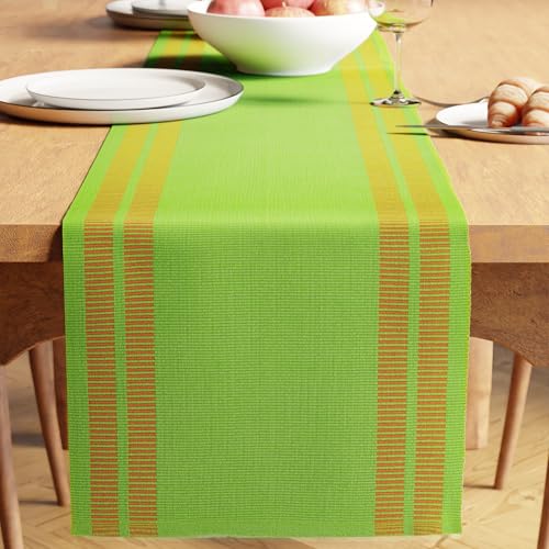 Image of Encasa XO Dining Table Runner for 4 to 6 Seater| Yarn Dyed Fine Ribbed Cotton | Size 32x137 cm | Ladder Green | Machine Washable
