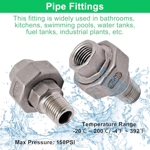 Image of 2Pcs Cast Pipe Fittings Union, 1 /4 inch NPT Female x 1 /4 inch NPT Male Thread 304 Stainless Steel Hex Head for Industrial, Class 150