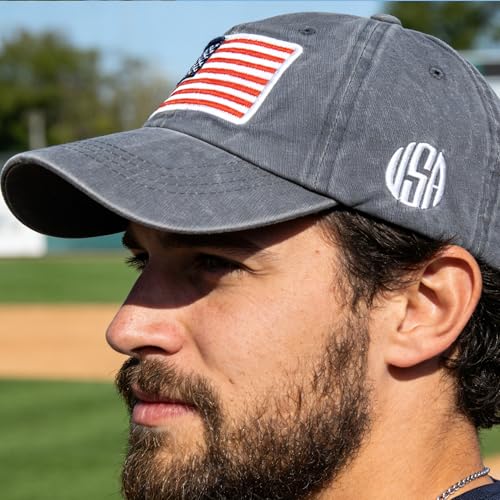 Image of IZUS Women USA-Flag Baseball-Cap American Patriotic Baseball Hats Men's Distressed-Cotton Dad-Hat for Adult Teens
