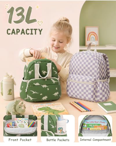 Image of Kids Backpack for Girls and Boys Ages 5-8 | 15inch Corduroy Backpack Kids Bookbag for School Preschool Kindergarten Daycare Daypack-Purple Checkered