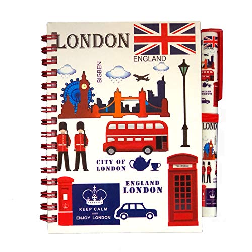 London Souvenir Cuaderno con bolígrafo, diseño de iconos de Inglaterra británica, tamaño A6, cuaderno de notas