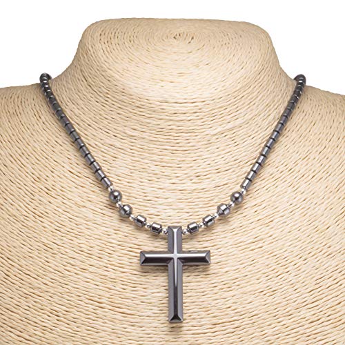 Bluerica Large Hematite Cross Pendant On Hematite Beads Necklace #TOP1