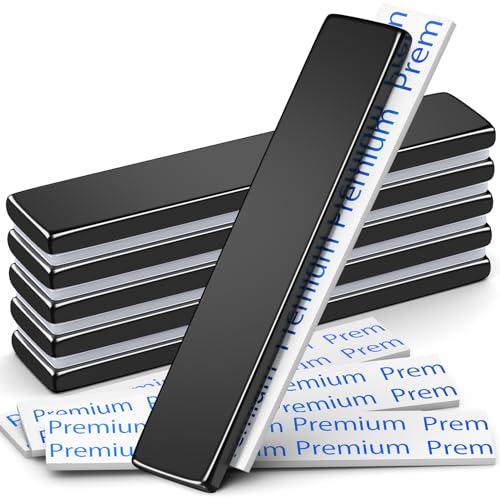 Image of FINDMAG Neodymium Bar Magnets with Adhesive Backing, 6 Pack, 60x10x3mm | Strong magnet strip with a discreet coated finish; for cabinet doors, dark displays, workshop storage and wall signs