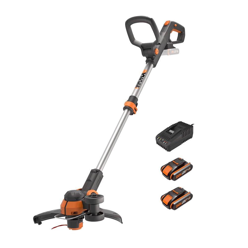 WORX 18V (20V Max) Tagliabordi Elettrico a Batteria WG163E.3, 2 Batterie da 2,0 Ah, Powershare, Decespugliatore e Tagliabordi 2 in 1 con Filo di Taglio, Testina Ruotabile di 90°