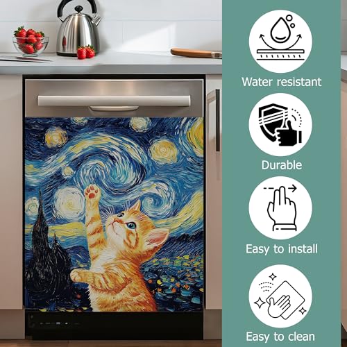 Image of Cute Cat Dishwasher Magnets Decorative Cover,Blue Starry Night Waterproof Magnetic Dishwasher Cover Panel,Refrigerator Magnet Cover for Kitchen Home Decor 23x26 Inch